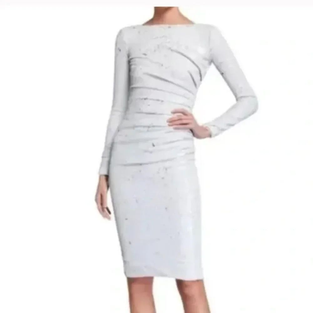 Dress the Population Emilia White Sequin Ruched Long Sleeve Dress